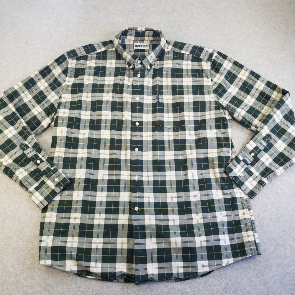Barbour Plaid Shirt Mens Large Tailored Fit Green White Cotton Casual Wear
